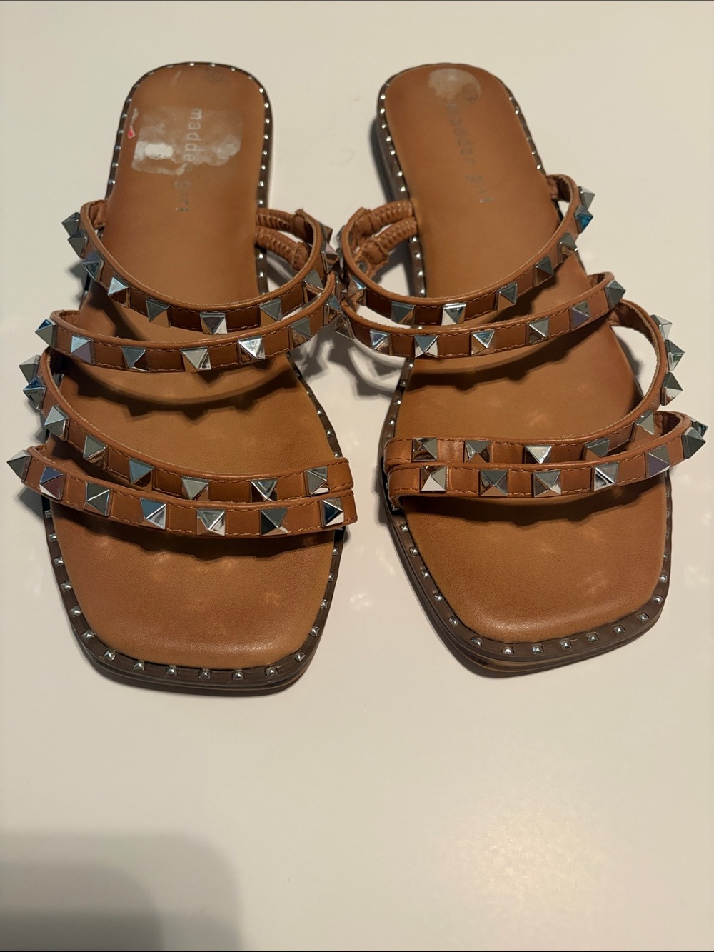 Madden Girl Tan Studded Multi-Strap Slide Sandals